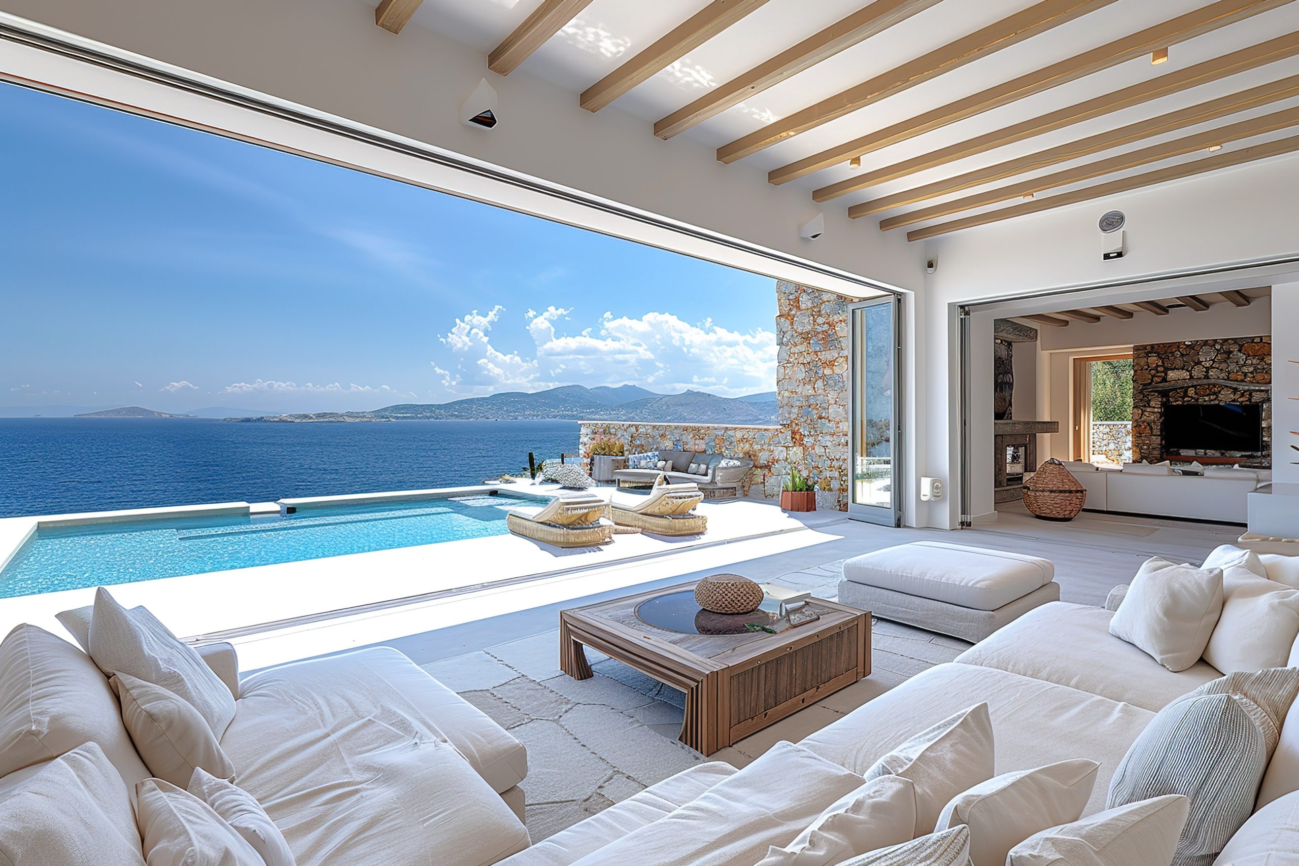 Mediterranean luxurious indoor outdoor area in a Greek Island Paradise. High end luxurious living room in a villa accommodation- Flexyhome houses of KOFINAS SA